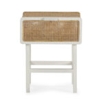 Jolynn White Cedar Wood and Rattan Bedside Table with woven rattan drawer, modern bedroom furniture.