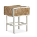 Jolynn White Cedar Wood and Rattan Bedside Table with woven rattan drawer, modern bedroom furniture.