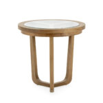 RUTHERFORD Natural Cedar Wood Side Table featuring a natural wood finish, glass inlay top, and a sturdy geometric base.