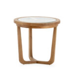 RUTHERFORD Natural Cedar Wood Side Table featuring a natural wood finish, glass inlay top, and a sturdy geometric base.