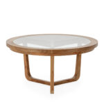 RUTHERFORD Medium Coffee Table with a wooden frame, glass inlay, and geometric base.