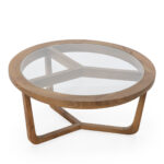 RUTHERFORD Medium Coffee Table with a wooden frame, glass inlay, and geometric base.