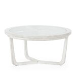 RUTHERFORD Medium Grey Veiled Coffee Table with a grey wood finish, glass inlay, and geometric base.