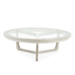 RUTHERFORD Large Grey Veiled Coffee Table with a grey wood finish, glass inlay, and geometric base.