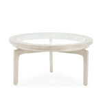 THORNFIELD Small White Cedar Wood Coffee Table with glass inlay, featuring a sleek three-legged design and white-veiled finish. Shop at www.louisandhenry.co.uk. Louis & Henry Furniture.