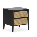 ASHBOURNE 2 Drawer Bedside Cabinet with black-painted wood and woven rattan drawer fronts, offering storage and style for contemporary and bohemian interiors.