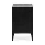 ASHBOURNE 3 Drawer Bedside Cabinet with black-painted wood and woven rattan fronts, offering extra storage and style for modern and bohemian bedrooms.