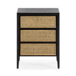 ASHBOURNE 3 Drawer Bedside Cabinet with black-painted wood and woven rattan fronts, offering extra storage and style for modern and bohemian bedrooms.