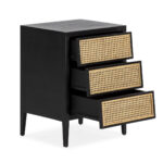 ASHBOURNE 3 Drawer Bedside Cabinet with black-painted wood and woven rattan fronts, offering extra storage and style for modern and bohemian bedrooms.