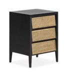 ASHBOURNE 3 Drawer Bedside Cabinet with black-painted wood and woven rattan fronts, offering extra storage and style for modern and bohemian bedrooms.