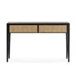 ASHBOURNE Console Table with sleek black cedar wood frame, rattan drawer fronts, and a modern minimalist design ideal for entryways or living spaces.