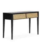 ASHBOURNE Console Table with sleek black cedar wood frame, rattan drawer fronts, and a modern minimalist design ideal for entryways or living spaces.