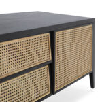 ASHBOURNE Black Cedar Wood and Rattan TV Unit featuring upper and lower media storage, with a side cupboard and rattan doors for a sophisticated look.