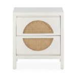 Haris White Cedar Wood and Rattan Bedside Table featuring a clean white finish with a unique rattan drawer design.