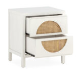 Haris White Cedar Wood and Rattan Bedside Table featuring a clean white finish with a unique rattan drawer design.