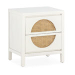 Haris White Cedar Wood and Rattan Bedside Table featuring a clean white finish with a unique rattan drawer design.