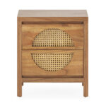 Haris Solid Cedar Wood and Rattan Bedside Table featuring a rustic wood finish and unique rattan drawer details.