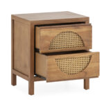 Haris Solid Cedar Wood and Rattan Bedside Table featuring a rustic wood finish and unique rattan drawer details. Shop at Louis and Henry, Louis & Henry. www.louisandhenry.co.uk