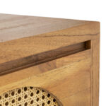 Haris Solid Cedar Wood and Rattan Bedside Table featuring a rustic wood finish and unique rattan drawer details.