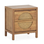 Haris Solid Cedar Wood and Rattan Bedside Table featuring a rustic wood finish and unique rattan drawer details.