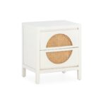 Haris White Cedar Wood and Rattan Bedside Table featuring a clean white finish with a unique rattan drawer design.