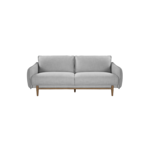 Louie 3 Seat Sofa upholstered in silver-grey linen with an ash wood frame, tapered legs, and curvaceous armrests, offering both comfort and modern elegance.