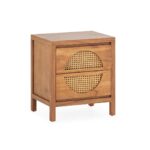 Haris Solid Cedar Wood and Rattan Bedside Table featuring a rustic wood finish and unique rattan drawer details.