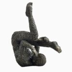 DALI Abstract Bronze Yoga Sculpture featuring a suspended male figure in a textured geometric design, stained in brown patina.