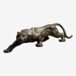 15" Leopard Bronze Sculpture featuring a lifelike depiction of a leopard walking, crafted from solid brass with soft brown patina, signed by Barye.