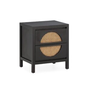 Haris Black Cedar Wood and Rattan Bedside Table with a sleek black finish and circular rattan drawer design.