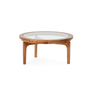 ÉTIENNE Small Cedar Wood Coffee Table with glass inlay and natural finish, showcasing a blend of craftsmanship and contemporary design.