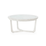 RUTHERFORD Medium Grey Veiled Coffee Table with a grey wood finish, glass inlay, and geometric base.