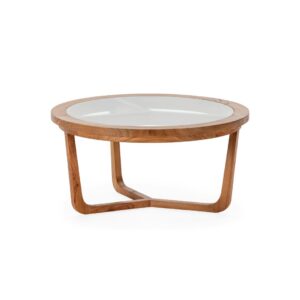 RUTHERFORD Medium Coffee Table with a wooden frame, glass inlay, and geometric base.