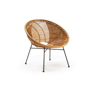 PEMBERTON Rattan Bowl Chair with a natural woven rattan seat and minimalist black metal frame, blending bohemian style with modern design.