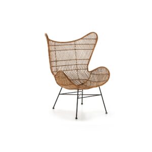 INGLEWOOD Wingback Rattan Armchair with bowl-shaped seat, natural woven rattan, and black metal base.