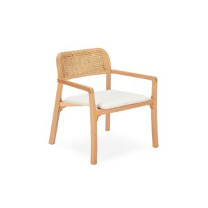 ASHFORD Natural Rattan Armchair with a rattan backrest, natural fabric seat, and solid wood frame, perfect for contemporary or traditional interiors.