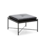 Julian Black Leather Stool with a square cushion, button tufting, and a sleek black metal frame.