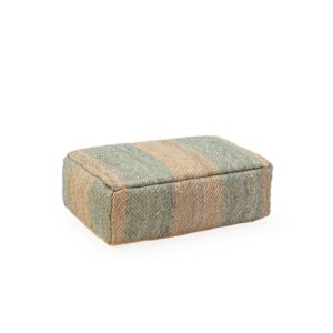 Winslow Shumak Grey Pouf featuring a woven natural fiber design with diagonal stripes in beige and grayish-green.