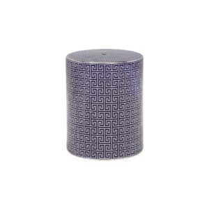 Kinsford Blue and Silver Ceramic Stool with a cylindrical shape, Greek key pattern, and smooth glazed finish.