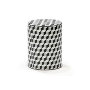 Branton Black and Grey Ceramic Stool with a cylindrical shape and a geometric 3D cube pattern.