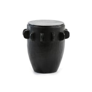 SOMERTON Black Suar Wood Stool with tapered cylindrical shape, decorative band, and matte black finish, perfect for modern interiors.