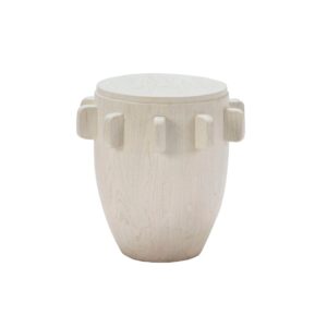 SOMERTON White Suar Wood Stool with a tapered cylindrical design, decorative band, and matte white finish, ideal for modern living spaces.