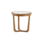 RUTHERFORD Natural Cedar Wood Side Table featuring a natural wood finish, glass inlay top, and a sturdy geometric base.