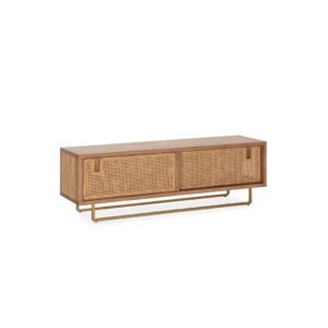 OXFORD Rattan TV Unit featuring two large sliding doors with rattan detailing and a gold metal stand, designed for modern living spaces. SHOP NOW AT www.louisandhenry.co.uk