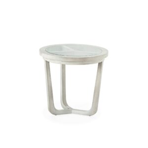 RUTHERFORD Grey Veiled Side Table with a grey-veiled cedar wooden surface, featuring a glass inlay top and sturdy geometric base.