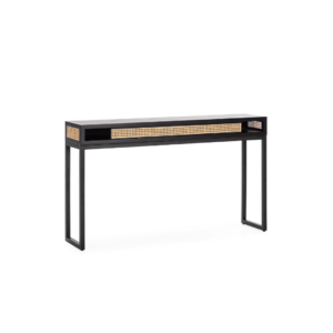 OXFORD Black Console Table with natural rattan slim inserts at the top and a black frame, ideal for modern home decor and versatile placement.