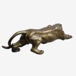 15" Leopard Bronze Sculpture featuring a lifelike depiction of a leopard walking, crafted from solid brass with soft brown patina, signed by Barye.