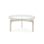 THORNFIELD Small White Cedar Wood Coffee Table with glass inlay, featuring a sleek three-legged design and white-veiled finish.