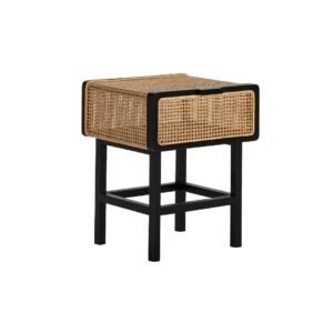 Jolynn Black Cedar Wood and Rattan Bedside Table with woven rattan drawer, modern bedroom furniture. louisandhenry.co.uk