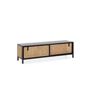 HARRINGTON Natural Wooden Rattan TV Unit with black rattan mesh sliding doors, combining modern design with natural texture.